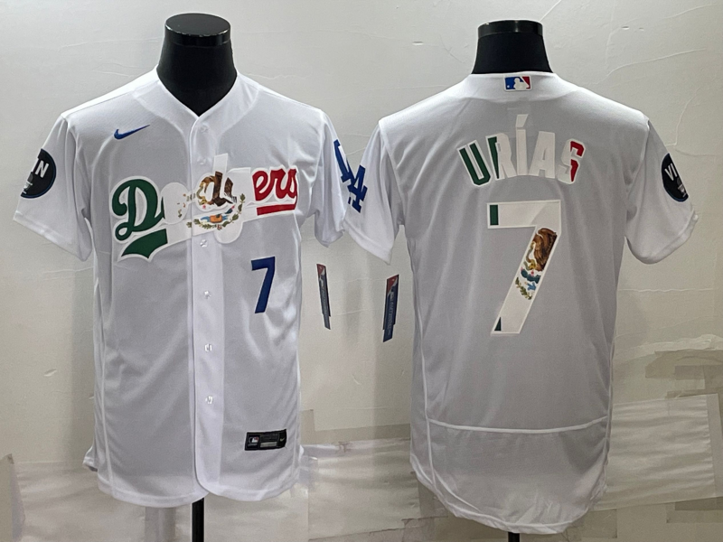 Men's Los Angeles Dodgers #7 Julio Urías White With Vin Scully Patch Flex Base Stitched Baseball Jersey Men's Los Angeles Dodgers #7 Julio Urías White With Vin Scully Patch Flex Base Stitched Baseball Jersey
